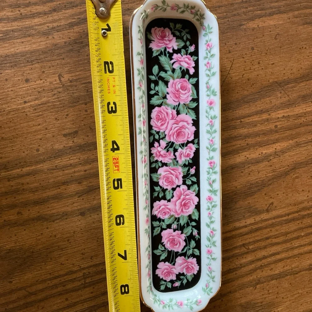 Neiman Marcus 9” rose floral ceramic letter opener holder olive trinket dish Vtg